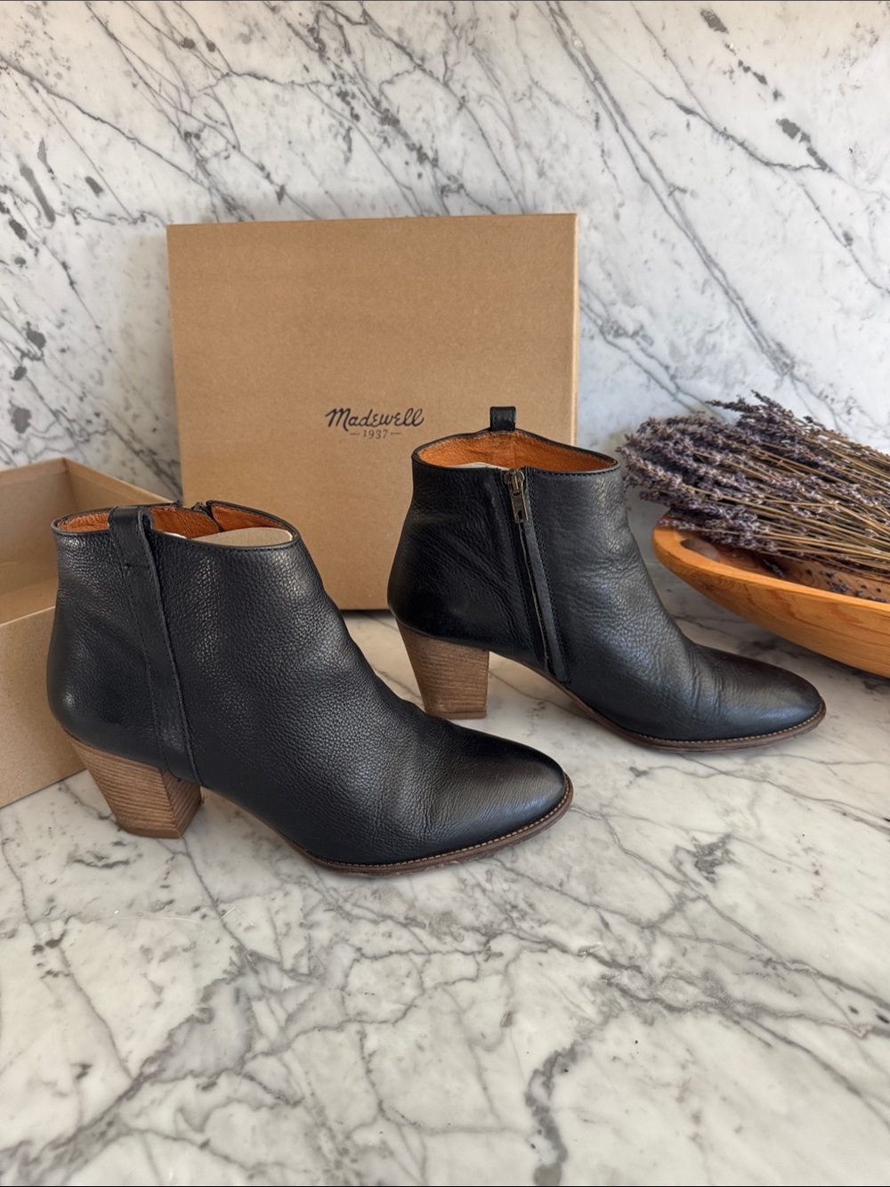 Madewell Black Leather Ankle Boots with Stacked Heel